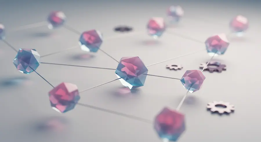 Abstract image representing integration of different software systems with interconnected nodes, symbolizing the synergy between DDD and Microservices.