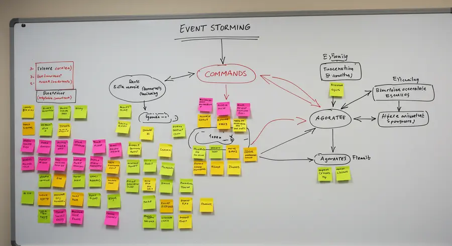 A whiteboard with colorful sticky notes, diagrams, and arrows representing an Event Storming session.